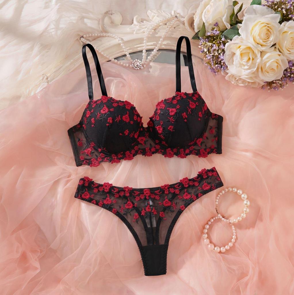 French Pink Floral Embroidered Bra and Thong Lingerie Set