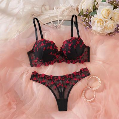 Women's French Floral Embroidery Lingerie Set: Sheer Bra & Thong