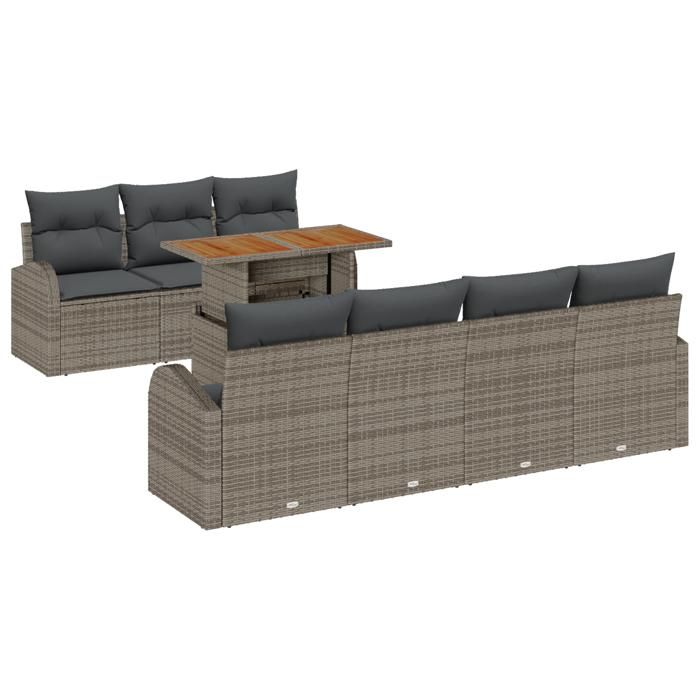 VidaXL Ensemble de salle à manger de jardin 8 pièces avec coussins gris en poly rattan et acacia 3349544