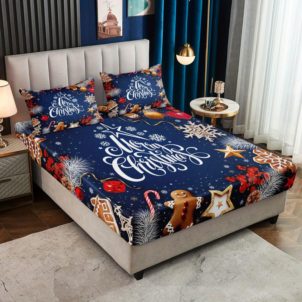 Christmas Themed Polyester Bedding Set - Soft Sanded Digital Print, 3-Piece Fitted Sheet and Pillowcase Set, Woven Fabric