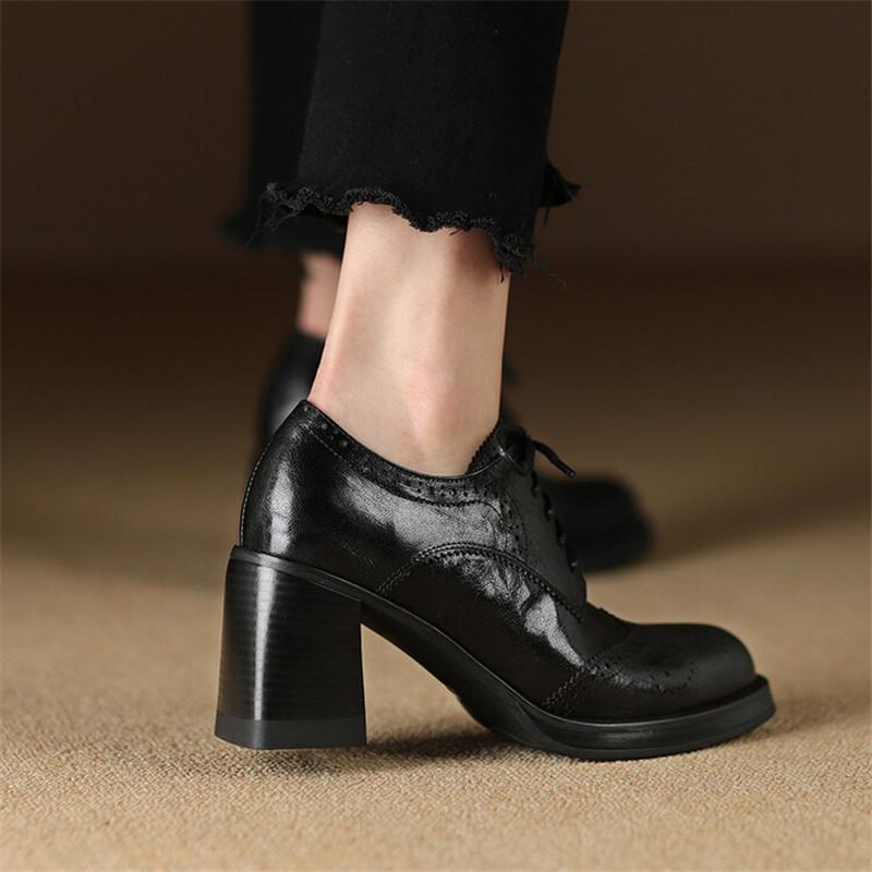 Fashion New Spring Genuine Leather Women Shoes Round Toe Women Pumps Brogue Designs Shoes for Women High Heel Lace Loafers Ladies Shoes