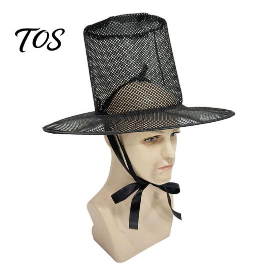 Crisp Fabric Hat Vintage Korean Gat Hat, Black Mesh Wide Brim Joseon Dynasty Three-dimensional Design Scholar with Neck Strap, Halloween Cosplay