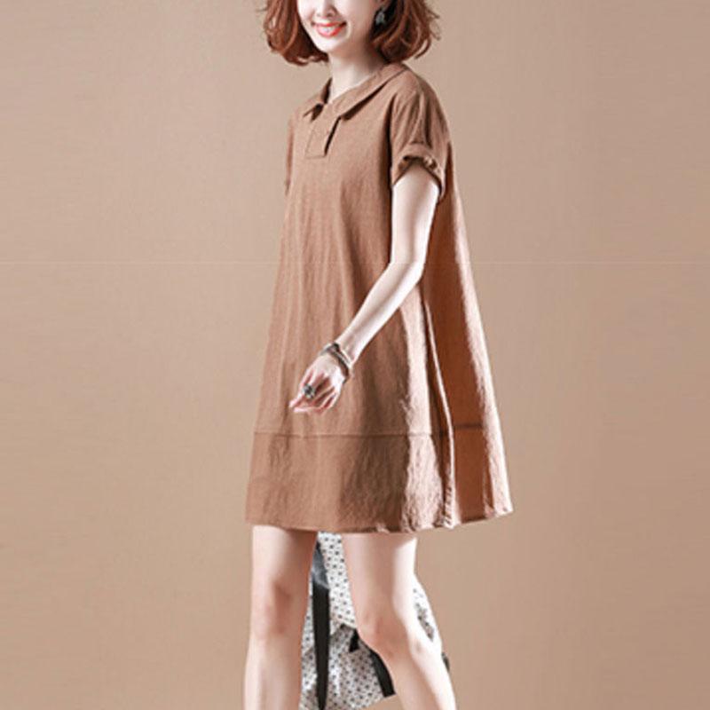 Koreanische lockere Kurzarmkleider Sommer Freizeit Peter Pan Kragen Damen Knopf Basic Gespleißtes einfarbiges Midikleid