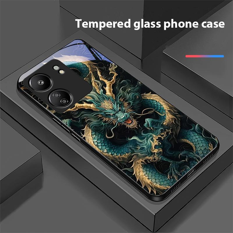 Chinesischer Winddrache Für Xiaomi Redmi 13C Note13 12 Pro Plus 5G Note 9 13T Pro POCO X6 F5 F6 Schwarze Handyhülle aus gehärtetem Glas