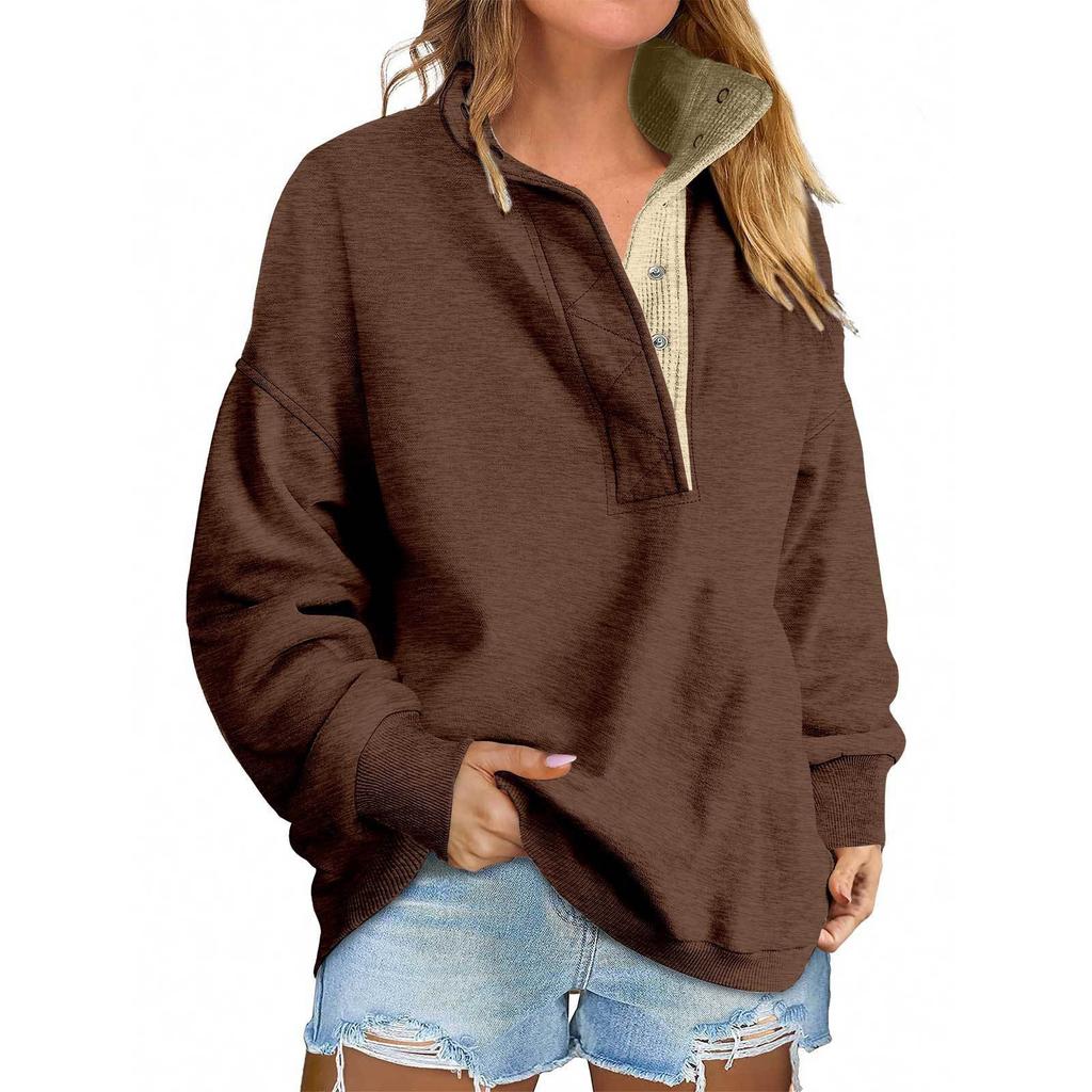 Women's Fashion Long Sleeve Solid Color Pullover Sweatshirt Casual Loose Button Sweatshirt