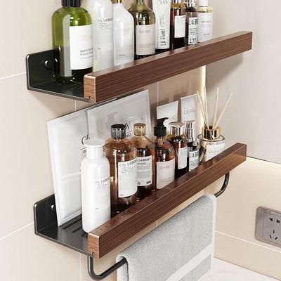 Wall-Mounted Walnut Bathroom Shelf - Solid Wood, Punch-Free, for Sink Area Storage