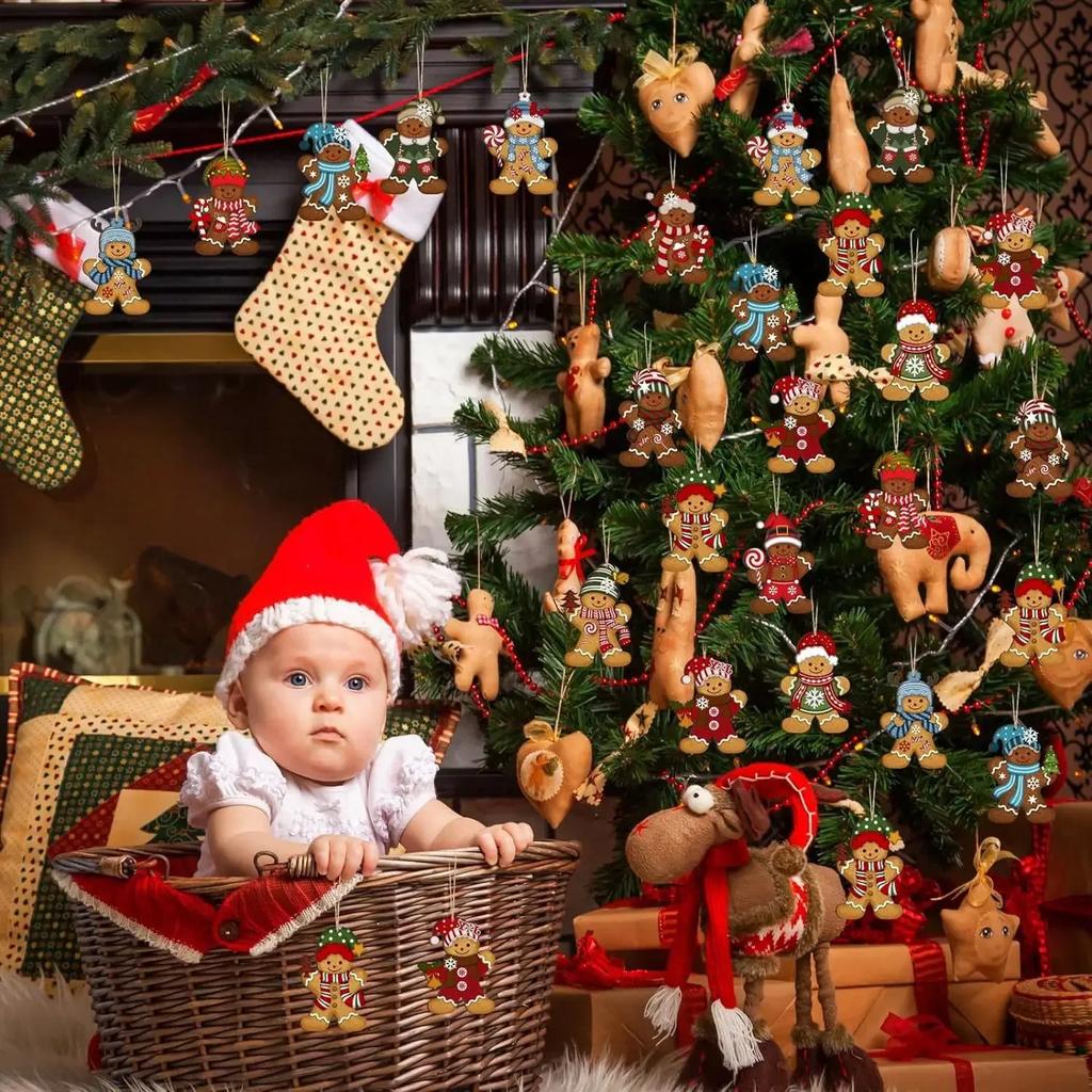 12/24pcs Gingerbread Man Ornaments Christmas Tree Wooden Hanging Decorations Pendants Cute Cartoon Xmas DIY Hangings Home Decor