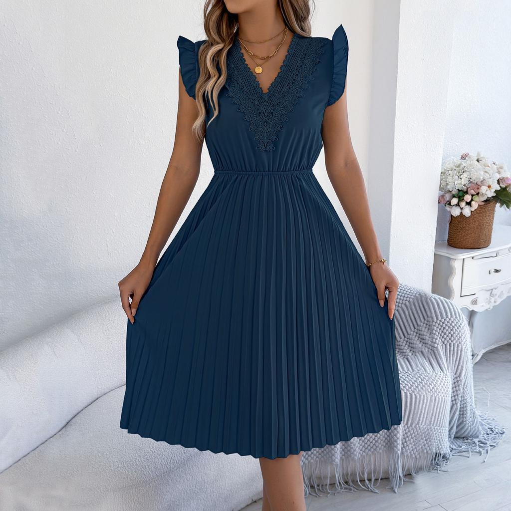 Modisches Lässiges Spitzen-V-Ausschnitt-Kleid mit Rüschen, Taillenbetonung und Falten