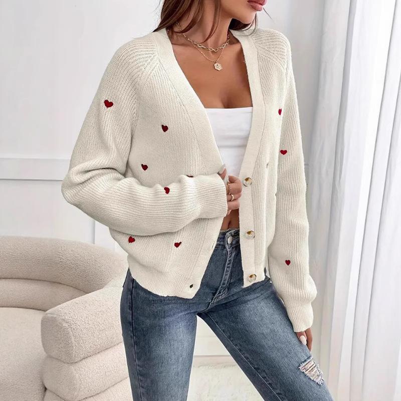 European and American knitted tops autumn and winter women's clothing fashion red heart jacquard V-neck sweater women's versatile long-sleeved jacket
