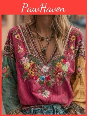 Ethnic Bohemian Vneck Womens Retro Style Long Sleeve Top
