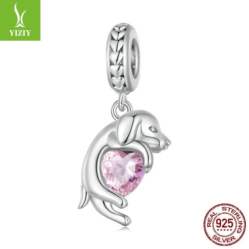 Pink Love Little Golden Retriever Diy Pendant, Cute Dog Pet S925 Sterling Silver Bracelet Beaded.