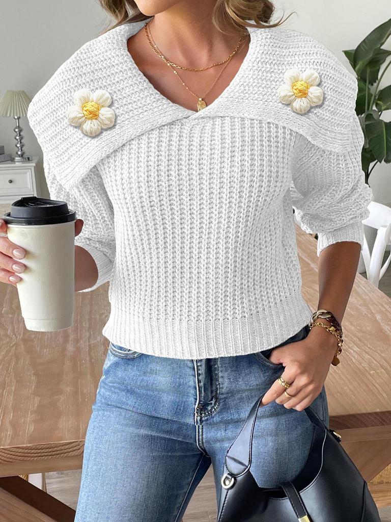 Women's Hand-Crocheted Flower Patchwork Pullover Sweater with Large Lapel - Autumn/Winter Collection