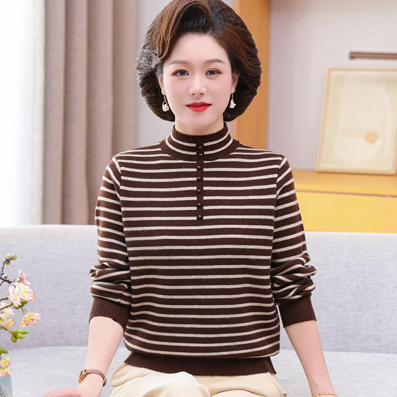 

2024 Свитер с полувысоким воротником на флисовой подкладке для женщин среднего и пожилого возраста: Уютная осенне-зимняя одежда для мамы 2XL (recommended 120-130 lbs) кофейный