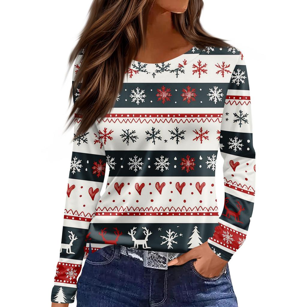 Women's Fashion Casual Slit Hem Round Neck Long Sleeve Loose Christmas Printed T-Shirt Ladies Top