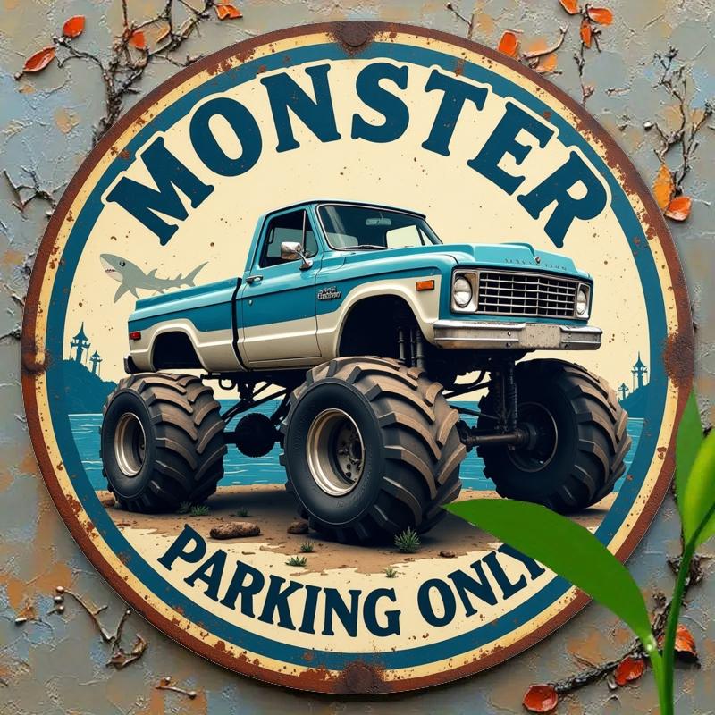 2d Dlat 20*20cm, Retro Circular Wooden Sign, Monster Truck Parking Sign, Rural Wooden Wall Decoration for Home, Offices, Cafe, Bar, Porche, Bedroom.