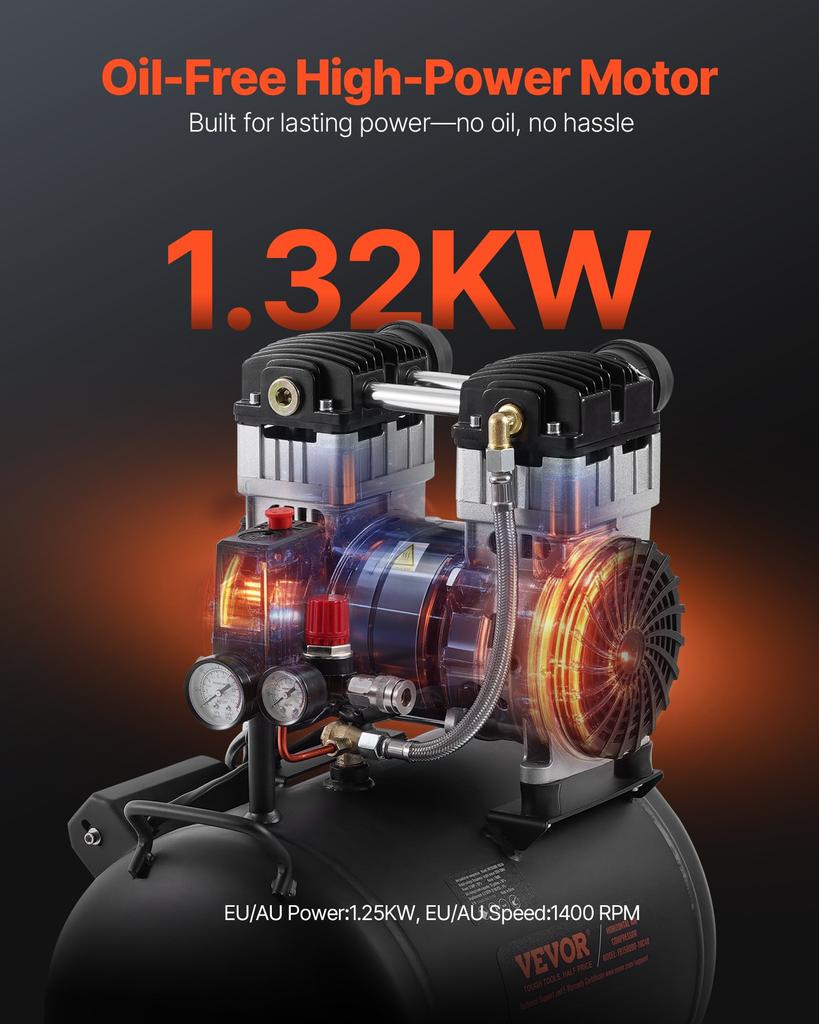 VEVOR Air Compressor, 10 Gallon Steel Tank, 2HP 5.3 CFM@90 PSI Oil Free Air Compressor & Max. 125PSI Pressure