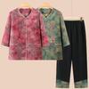 Elegant Spring/Summer Printed Two-Piece Set: Seven-Sleeve Shirt & Pants for Elderly Women
