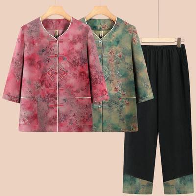 Elegant Spring/Summer Printed Two-Piece Set: Seven-Sleeve Shirt & Pants for Elderly Women