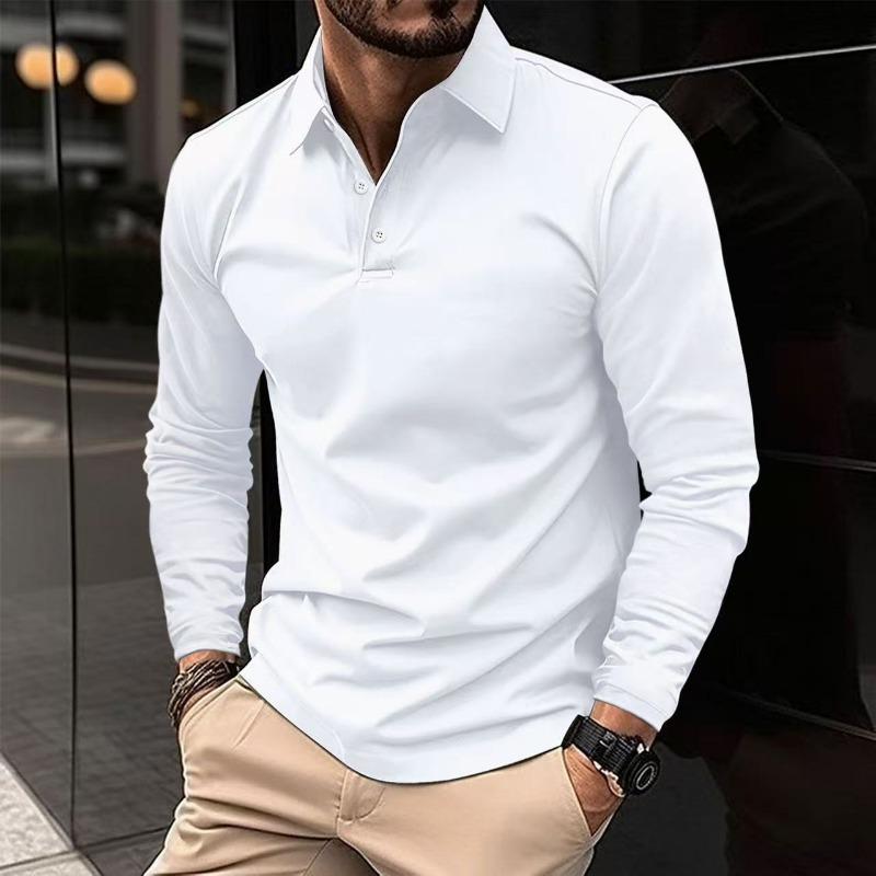 Men s White Long Sleeve Polo Shirt Slim Fit Business Casual Top M