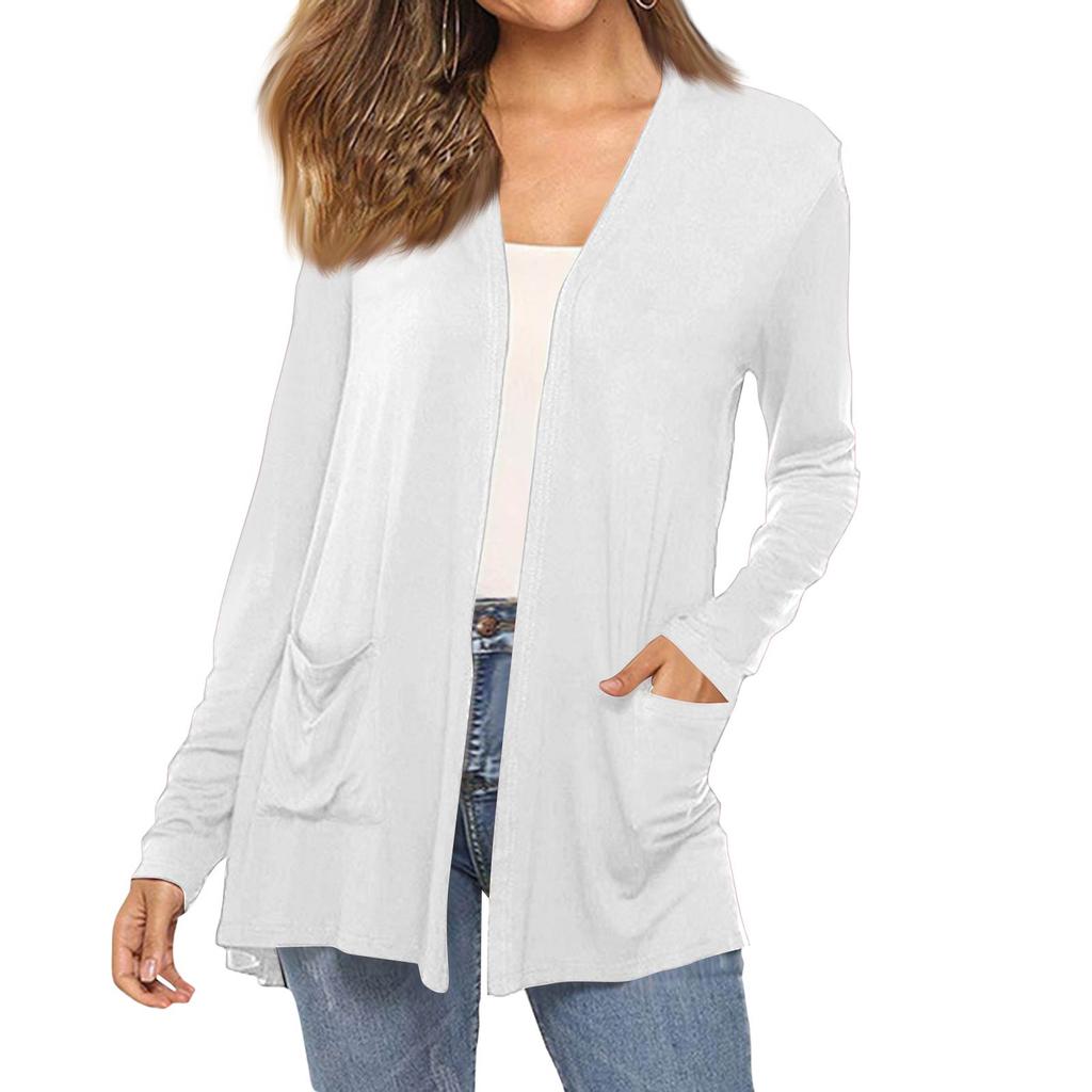 Women's Fashion Solid-Colour Long-Sleeved Pocketed Slim-Fit Cardigan Jacket