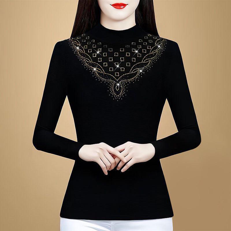 Winter 2025 Elegant Rhinestone Velvet Mesh High Neck Long Sleeve Top L
