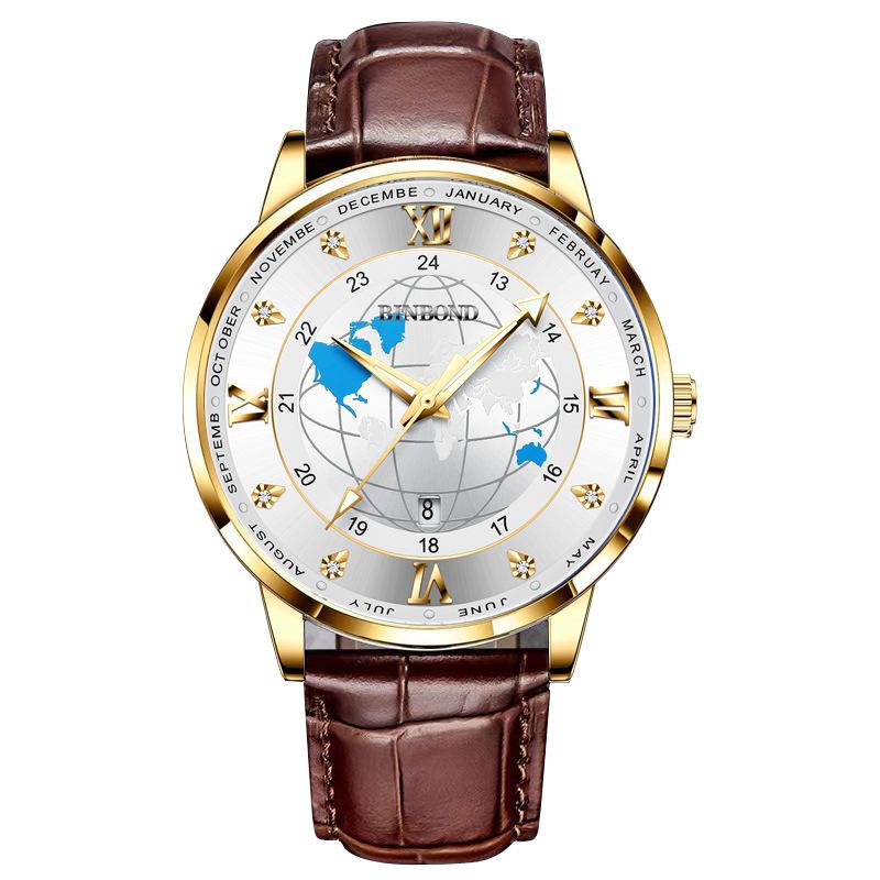2025 new ultra-thin watch men's waterproof leather belt globe trend calendar men's watch