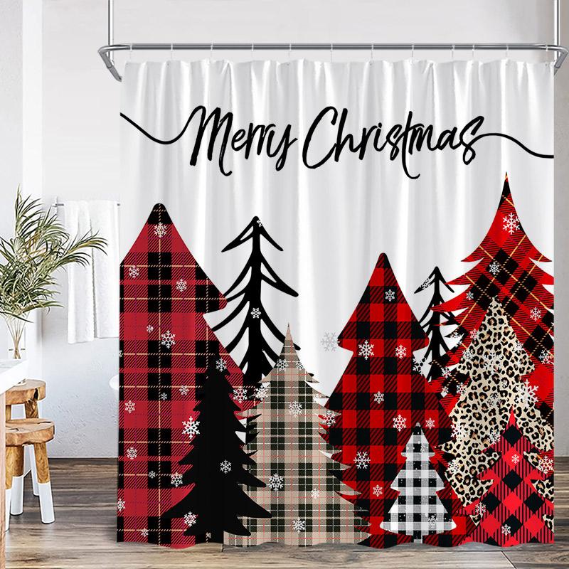 Cute Snowman Christmas Shower Curtains Xmas Tree Gift Winter Forest Red Bird Cedar Snowflake Scenery Home Bathroom Curtain Decor