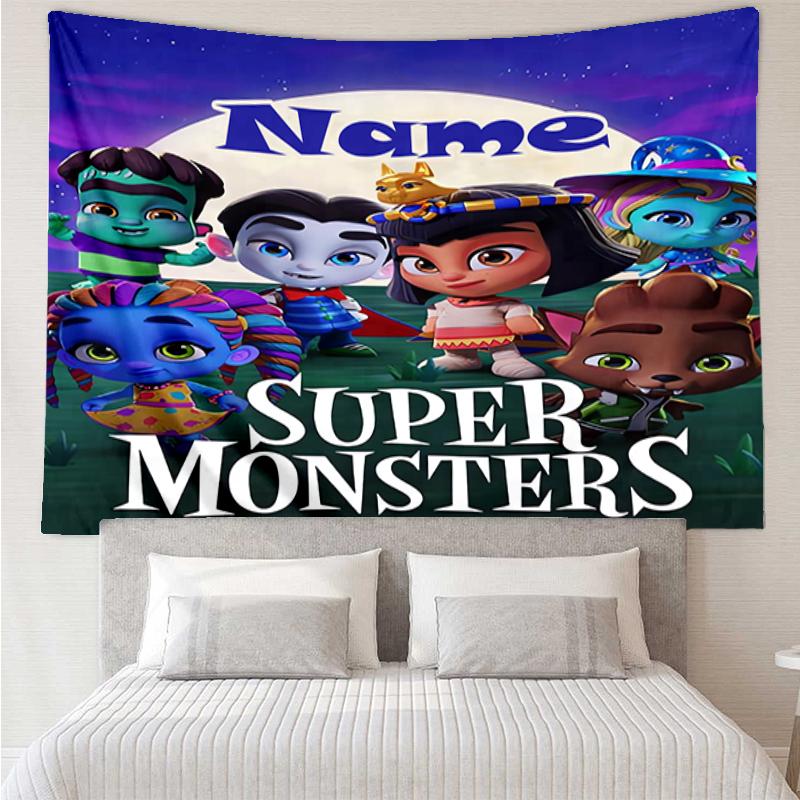 Custom Name Super Monsters Print Tapestry, Backdrop, Easy Setup, Ideal for Bedroom, Office & Living Room, with Aesthetic Wall Hanging Decor.