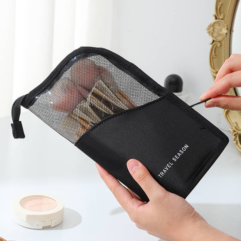 Portable Cosmetic Storage Bag With Mesh Panel For Travel And Desk Organization