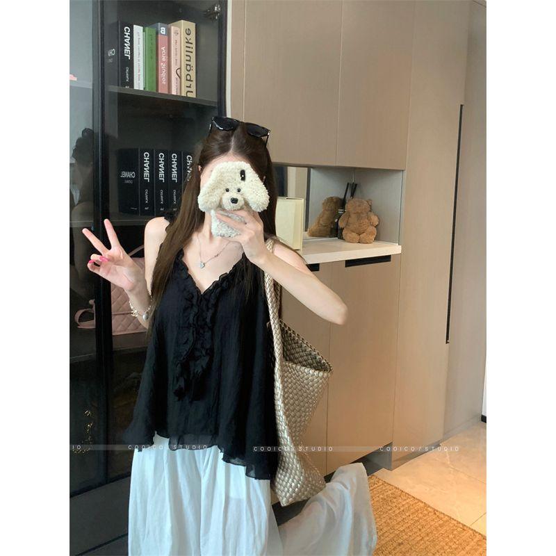 Kumikumi Sweet Style Wooden Ear V-neck Cami Women clothes Summer Chic Chic All-Match Sleeveless Top