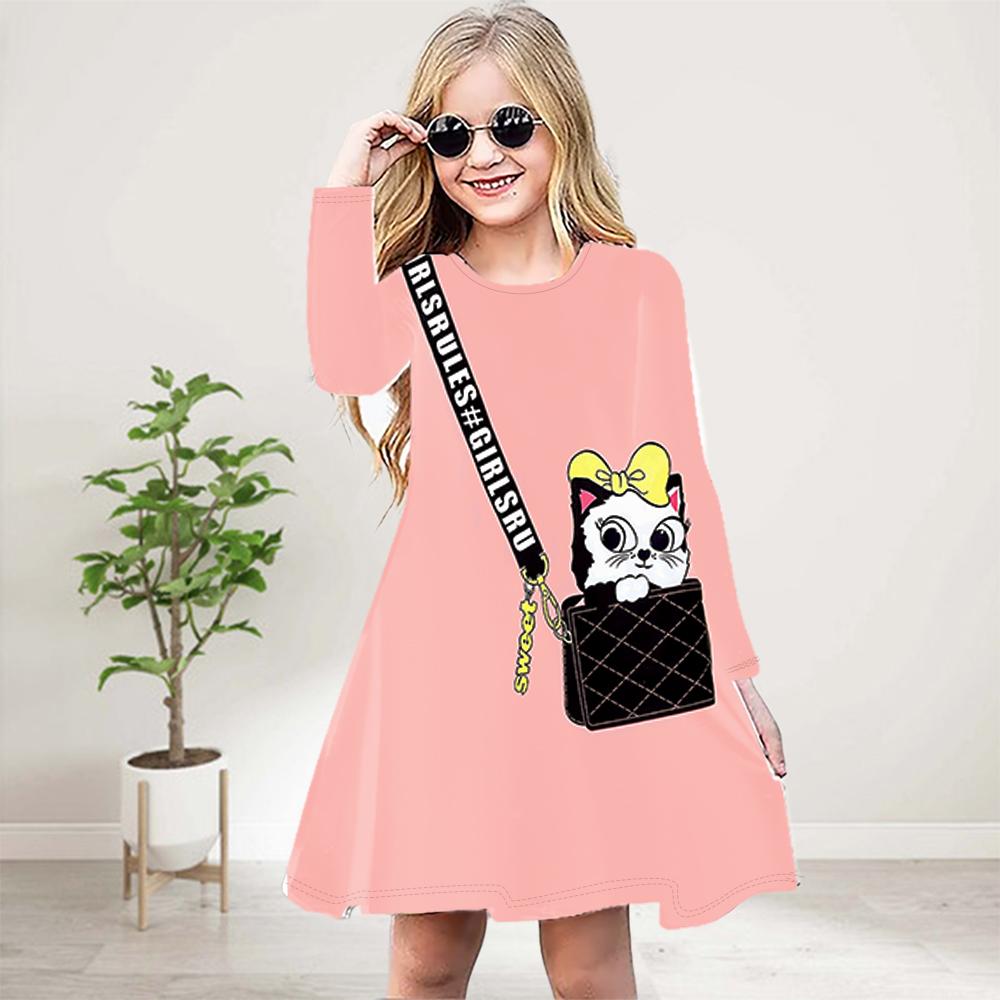 

Повседневное платье для девочек с 3D-принтом, буквами и котом, с круглым вырезом и длинными рукавами, детское платье принцессы 180 светло-розовый