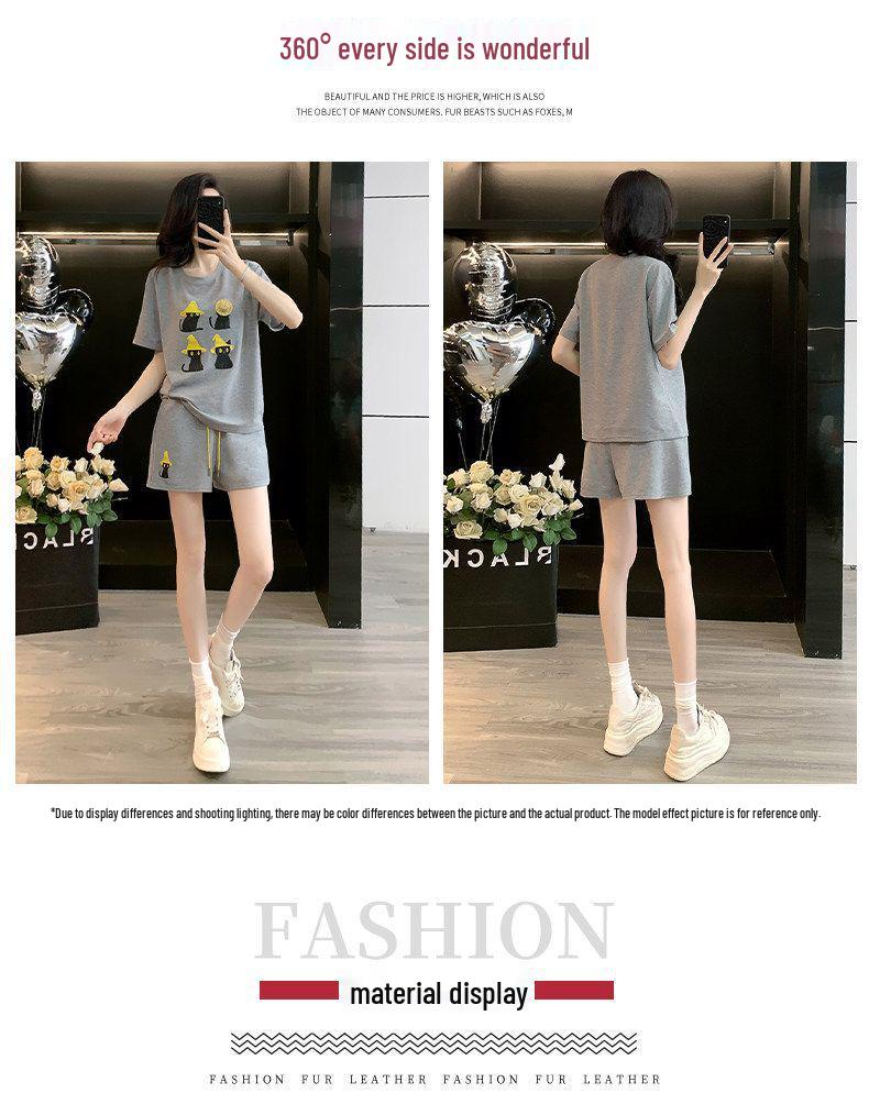 Korean Casual Women's Summer Shorts & Cartoon T-Shirt Set: Loose, Slimming, Short-Sleeve Sportswear