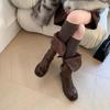 Cowhide Version~ Retro Belt Buckle Comfortable and Versatile Thick-soled Thin Brown Long Boots Big Tube Circumference Tall Knight Boots