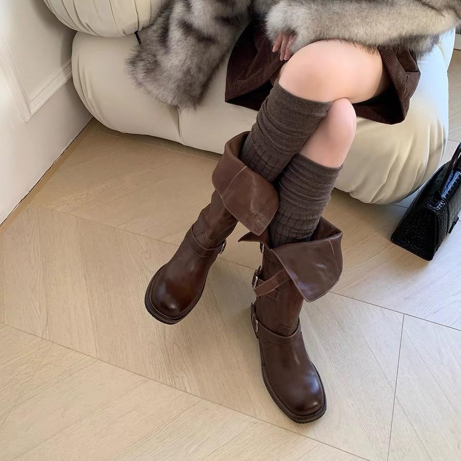 Cowhide Version~ Retro Belt Buckle Comfortable and Versatile Thick-soled Thin Brown Long Boots Big Tube Circumference Tall Knight Boots