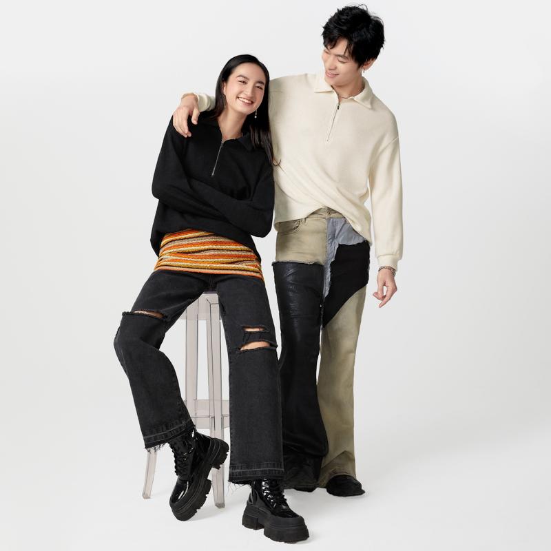 Unisex Women Men Zipper Lapel Neck Casual Loose Couple Pullovers Tops