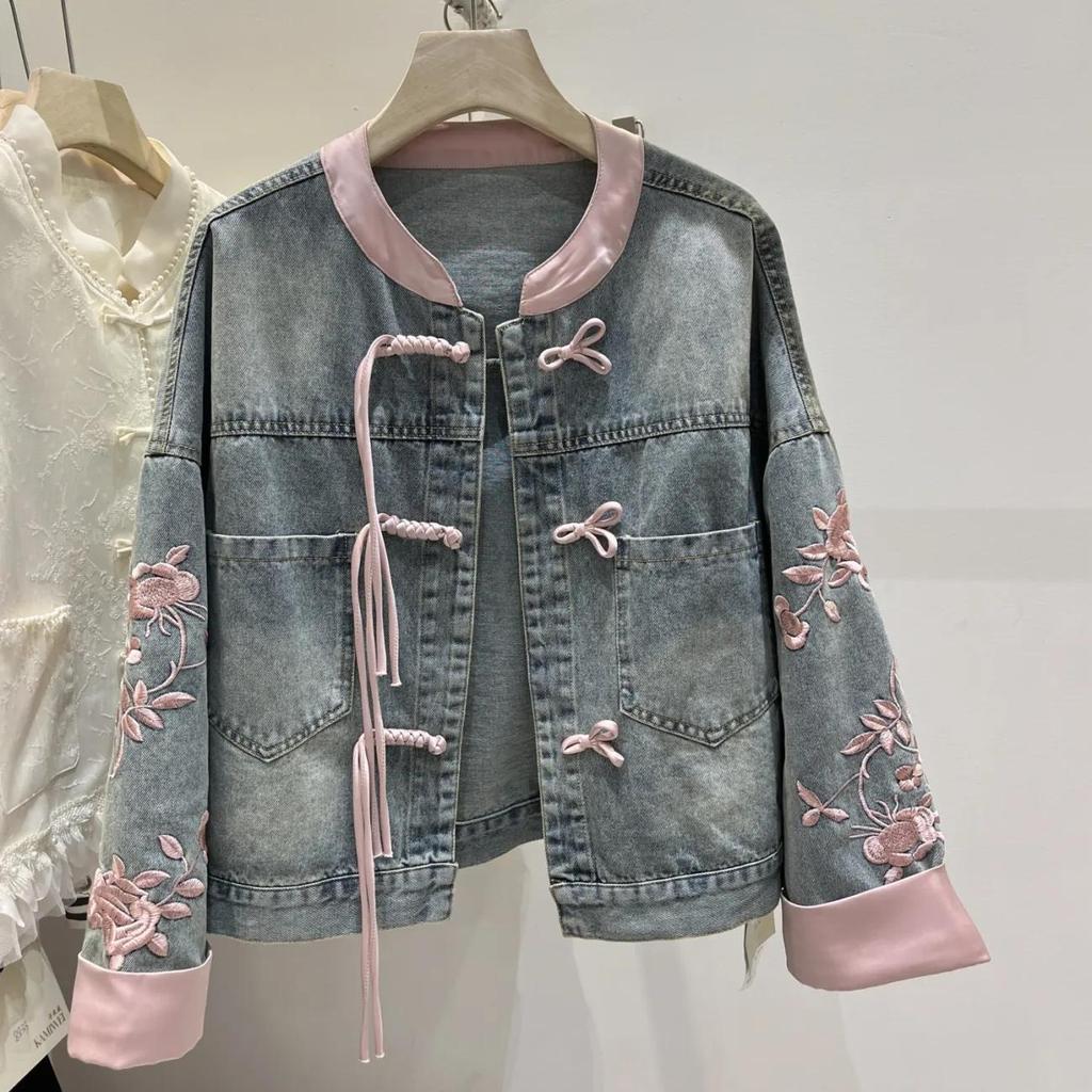 Short Buckle Denim Coat Women Chinese Style Stand Collar Top Spring  Bomber Outerwear Fashion Street Jeans Jacket Female
