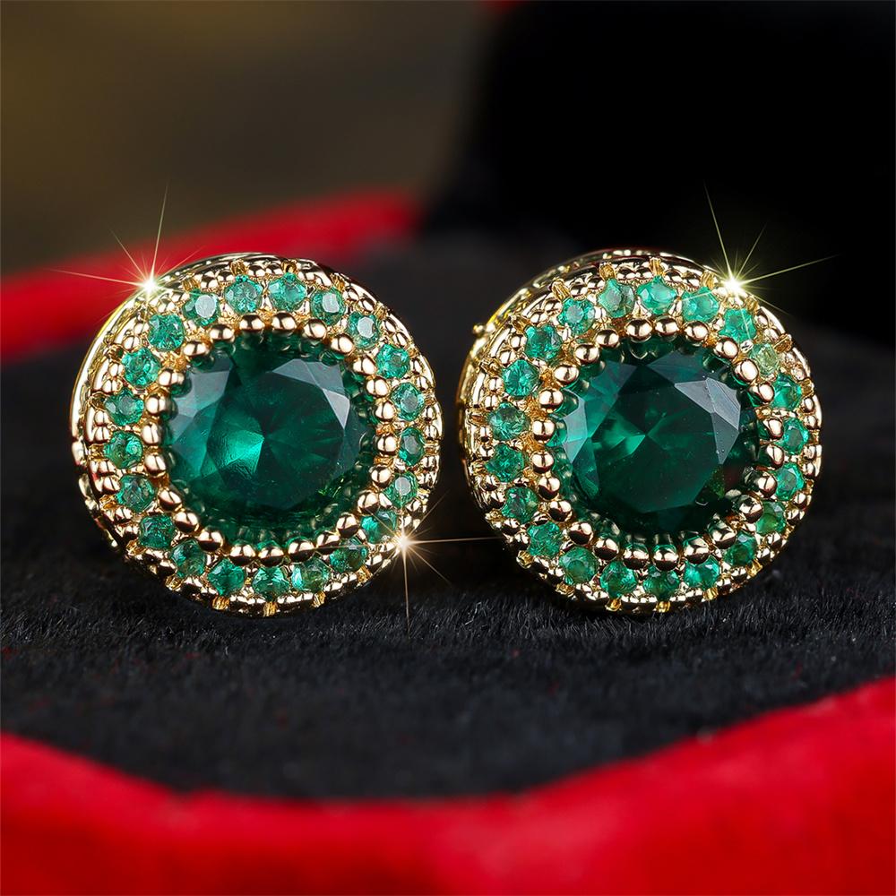 Trendy Green Crystal Zircon Round Stone Stud Earrings For Women Vintage Rose Gold Silver Color Wedding Jewelry Mother's Day Gift