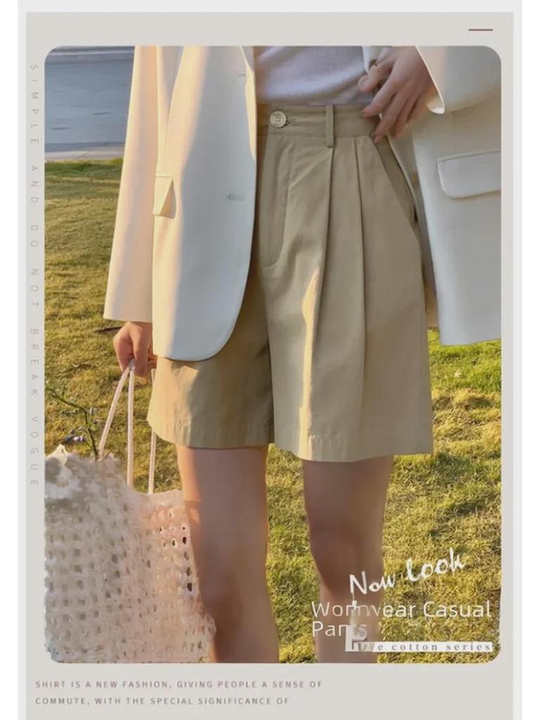 Retro Combed Cotton High Waist Bermuda Shorts - Women's Casual Summer Loose Fit