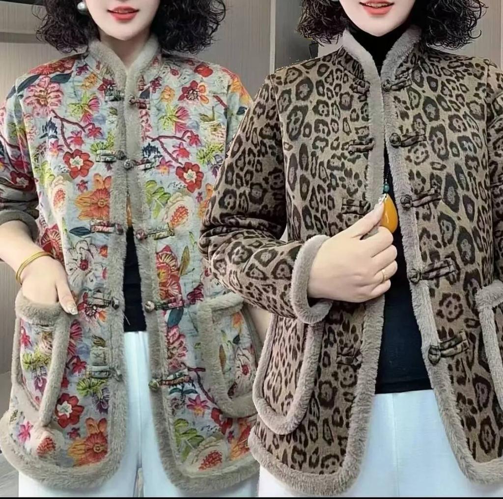 Autumn Winter Floral Print Cotton Coat Women Fleece Warm Jacket Parkas Long Sleeve Single Breasted Design Windproof Outerwear