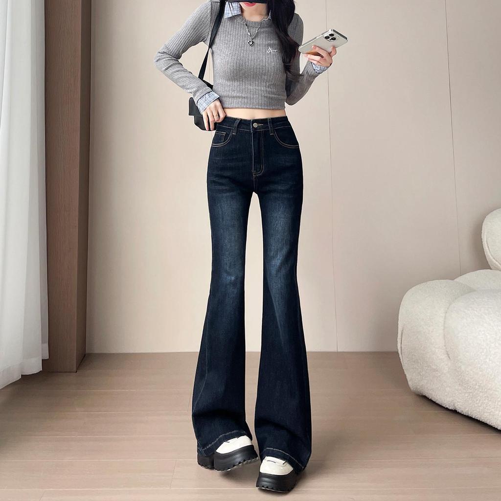 Women's Deep Sea Blue Micro-Flare Jeans - 2025 Autumn Fashion, Slim Fit, Floor-Length
