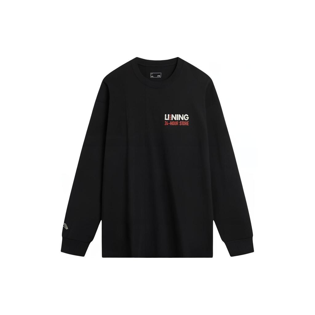 Li-Ning Letter And Chinese Character Printed Round Neck Long Sleeve T-Shirt Unisex Tops Black AHSU015-1