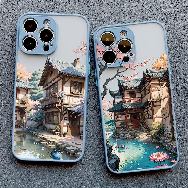 Vintage Oil Painting House Phone Case For iPhone 16 15 7 8 Plus SE2 XR XS X 11 13 12 Pro MAX Mini 14 Pro Max Flower Cover