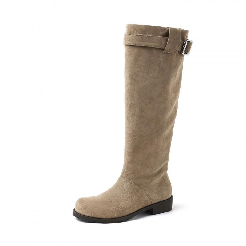 Cowhide Retro Pleated Thick Heel Piled Boots New Autumn and Winter Boots Khaki Suede Knee Boots