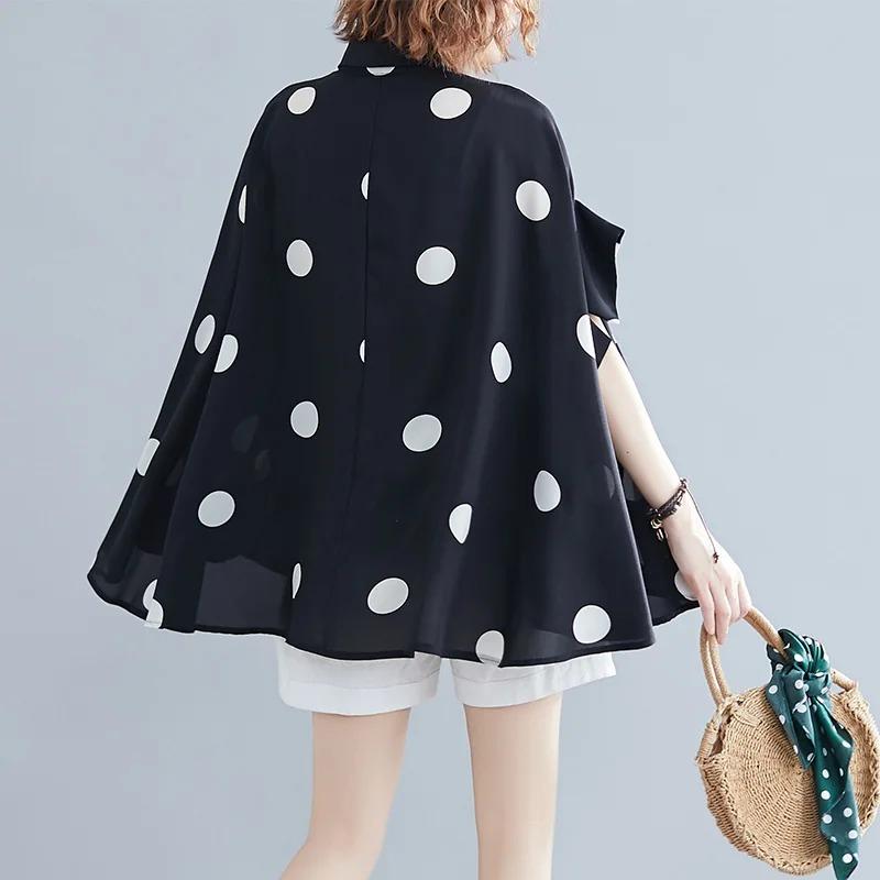 Black Vintage Polka Dot Print Blouse Women Lapel Short Sleeve Loose Casual Shirt Fashion Summer Clothes