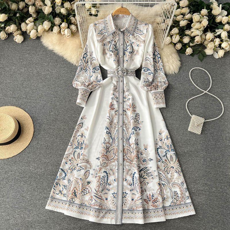 

Lapel Single Breasted Swing Palace Style Print Dress White XL