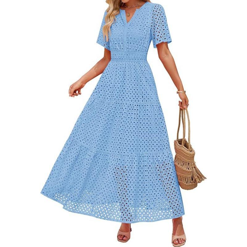 European and American women's clothing V-neck A-shaped hollow lace cake dress