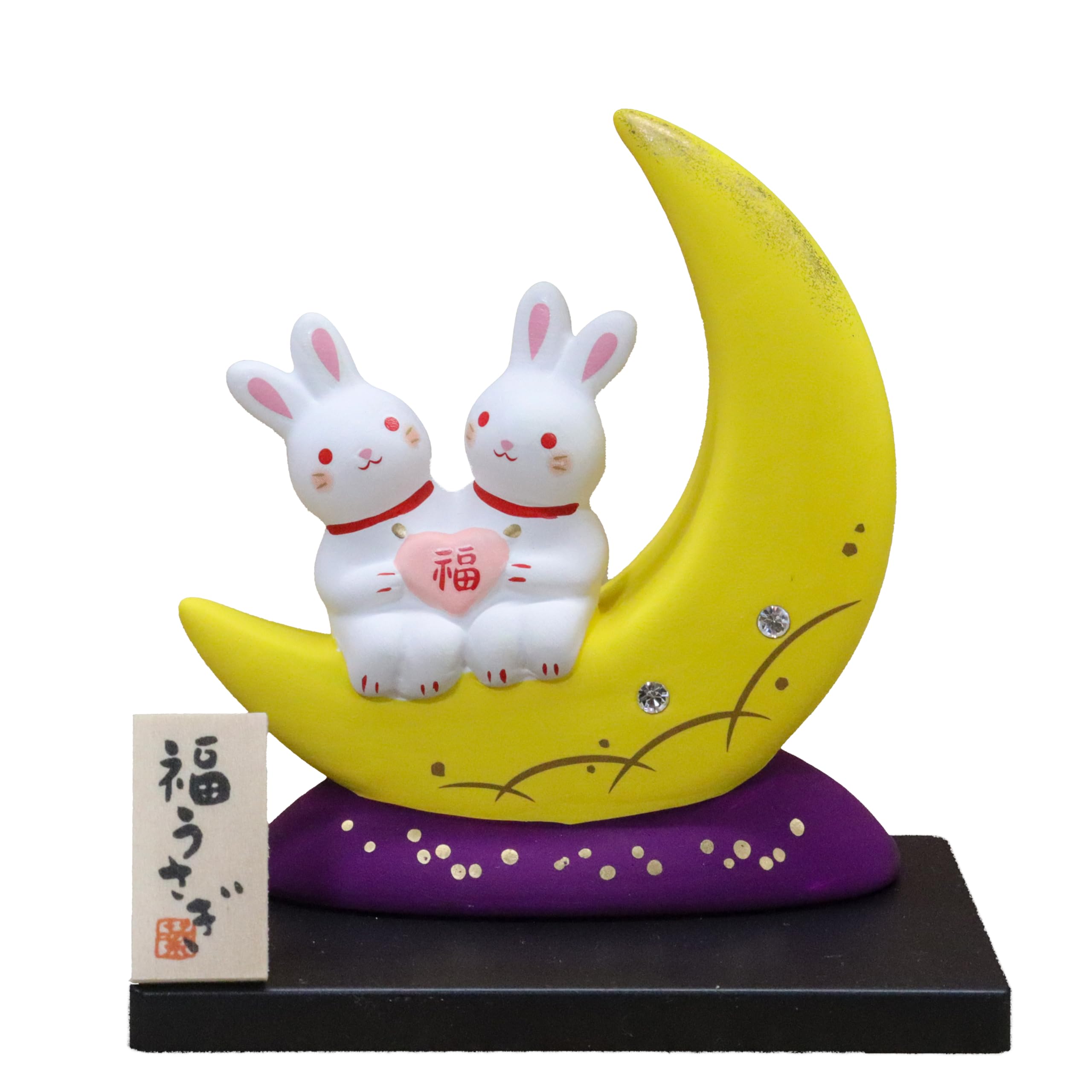 

Yakushi Kiln Rabbit Figurine, Nishikisai Design, Fortune Moon Rabbit (Manpuku) (with Crystal Glass)