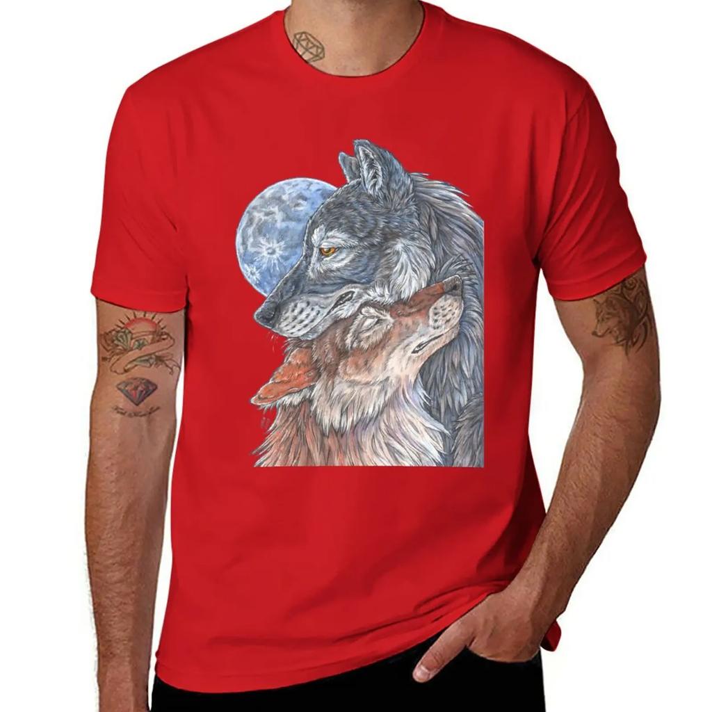Two Wolves Under Full Moon, No Background T-Shirt Summer Top Heavyweights Mens Graphic T-shirts Hip Hop
