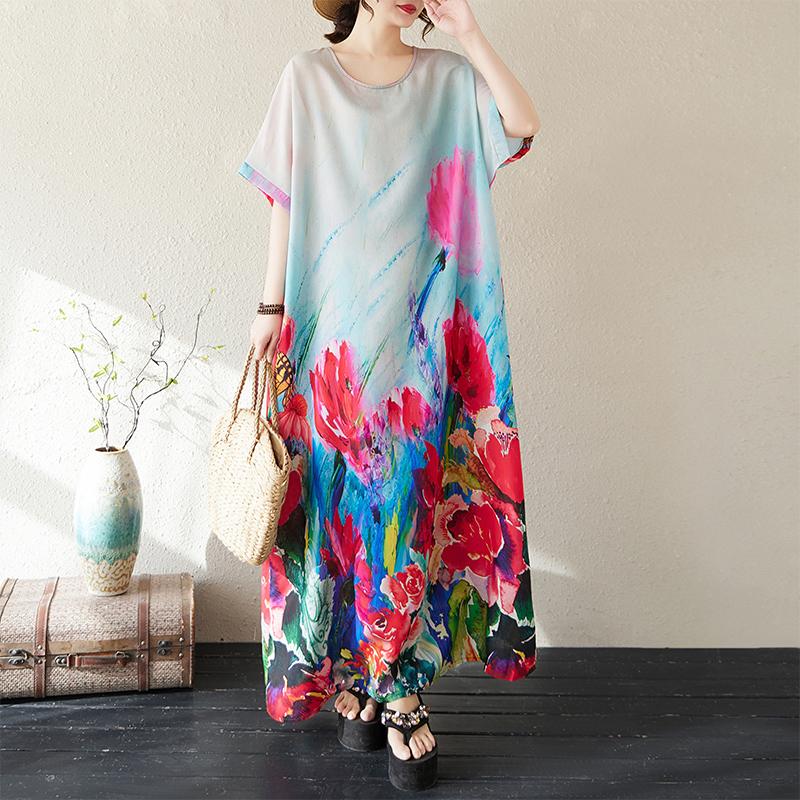 

DIMANAF 2026 Summer Women Plus Size Dress Beach Basic Casual Dress Loose Vintage Floral Printing Long Dress One Size синий