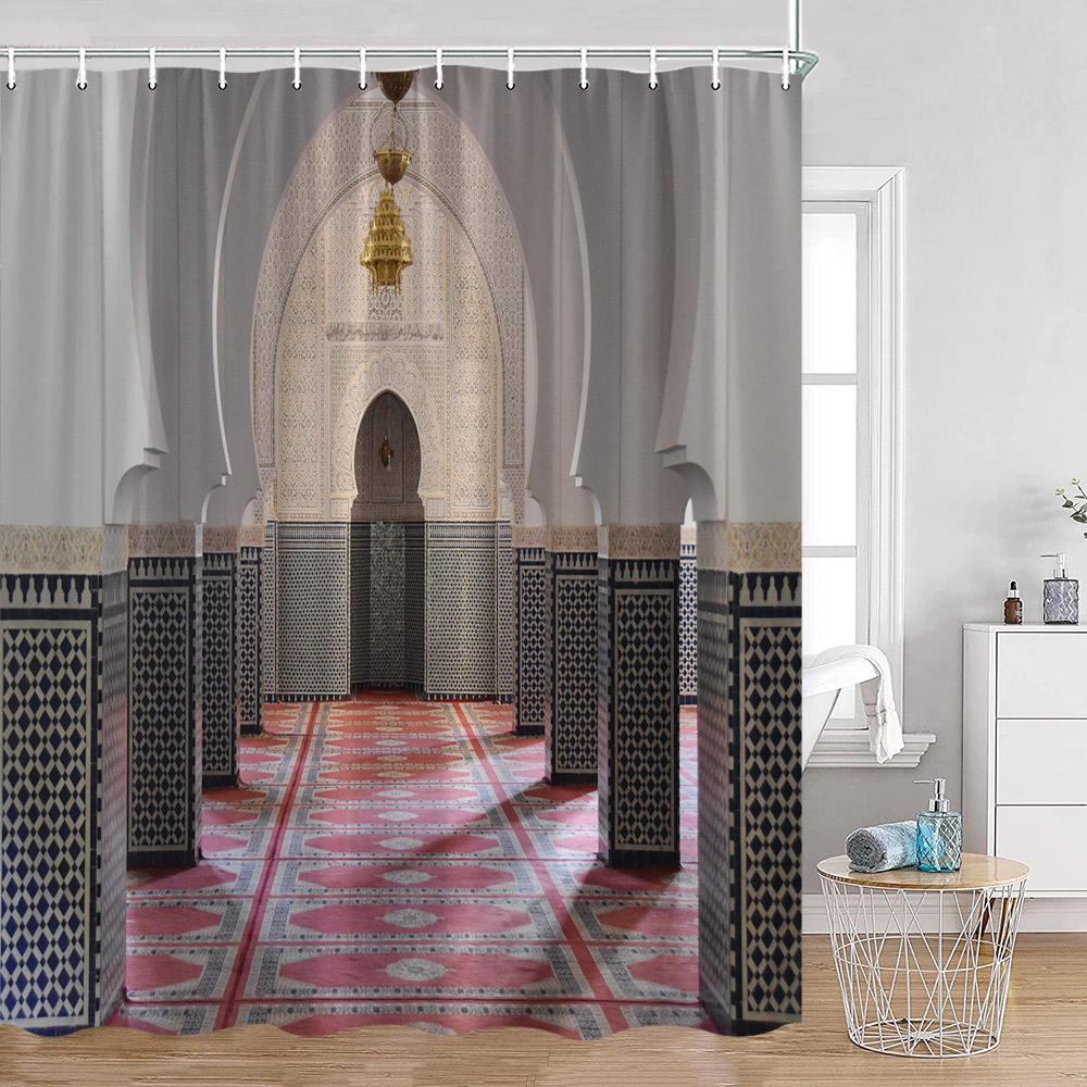 Vintage Moroccan Shower Curtain Ethnic Style Floral Art Retro Architecture Door Bathroom Curtain Polyester Home Decor With Hooks